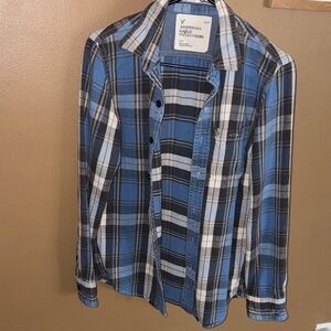 American Eagle Outfitters Blue and Black Plaid Long Sleeve Shirt